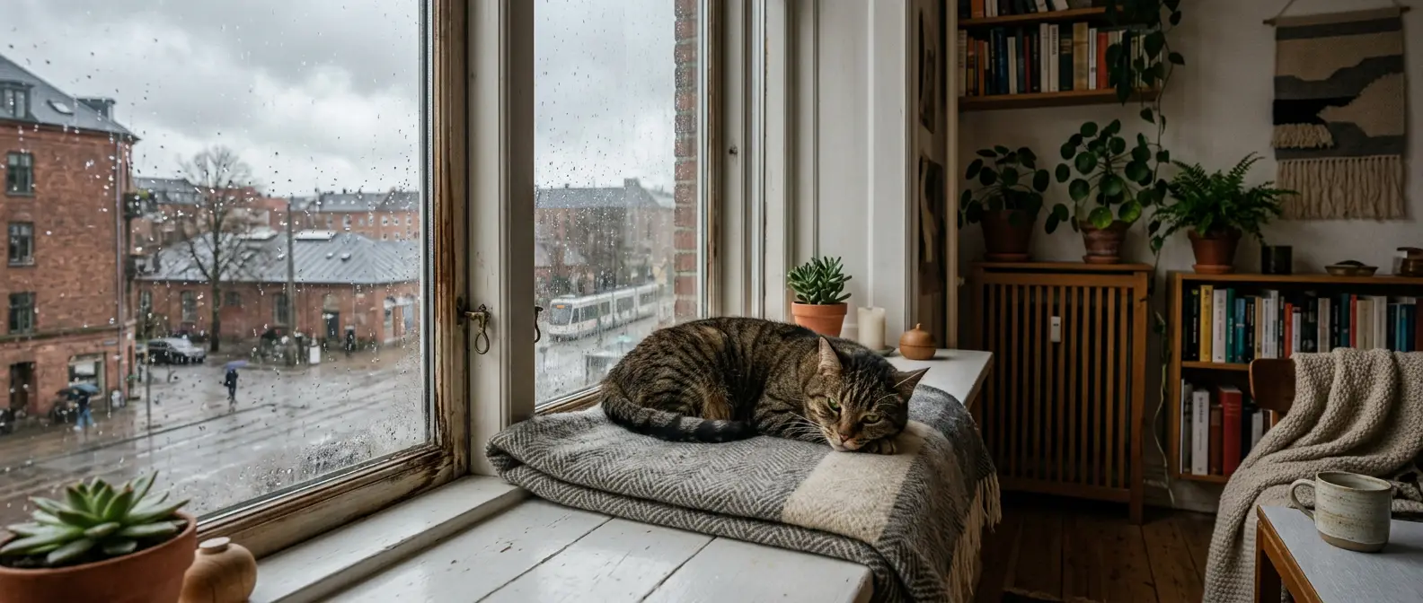 Uttråkad innekatt ligger i fönsterkarmen och tittar ut - Djurslottet