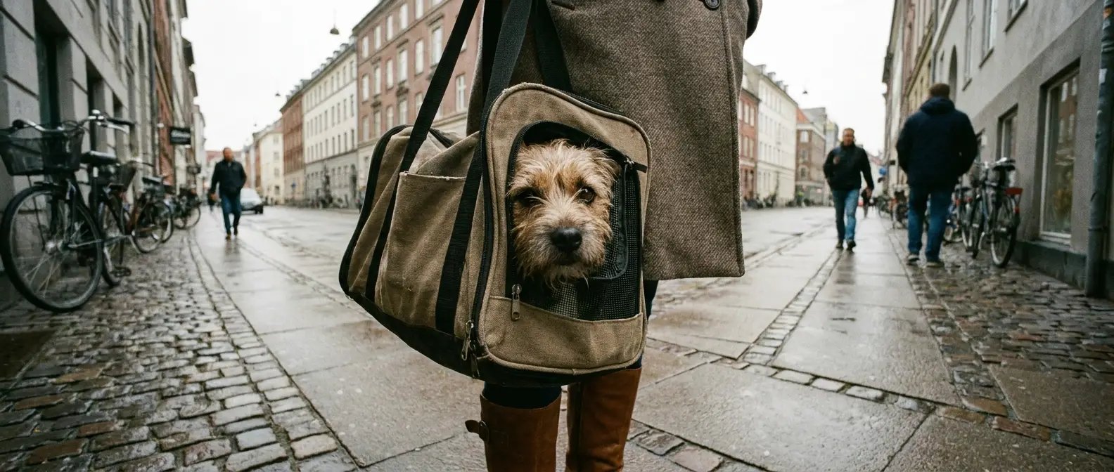 Liten hund tittar ut genom nätfönstret på en mjuk bärväska - Djurslottet
