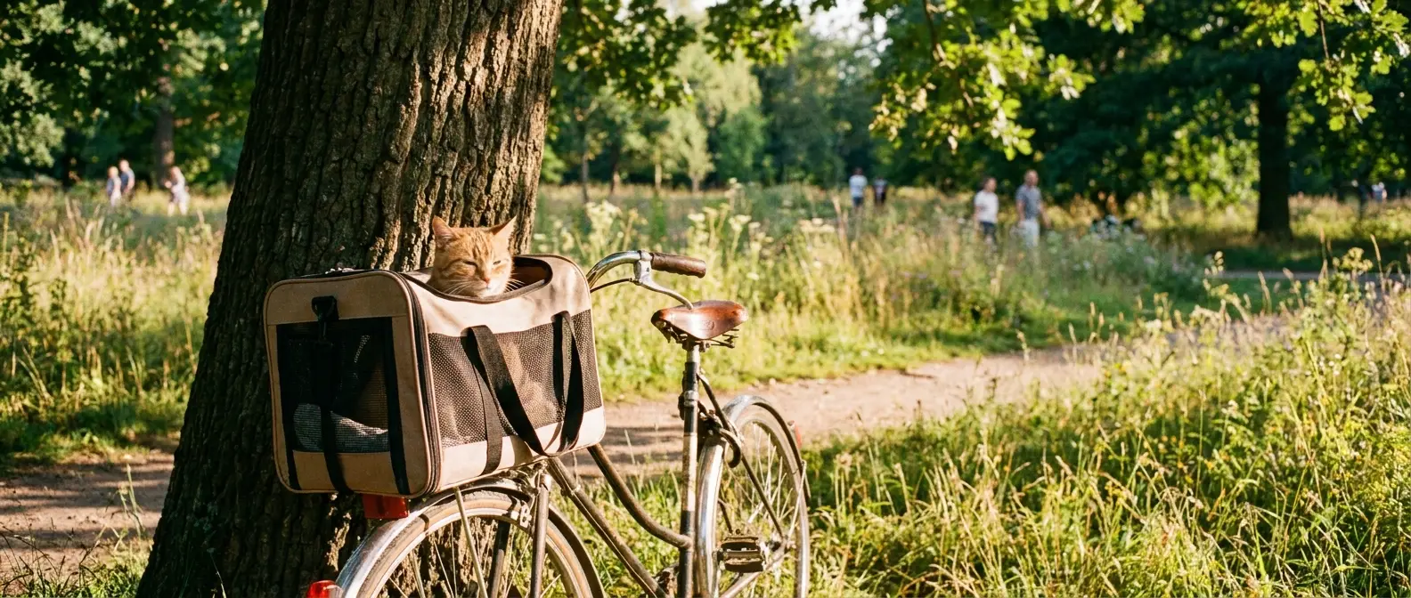 Katt sitter lugnt i en ventilerad korg på en cykel i en grön park - Djurslottet