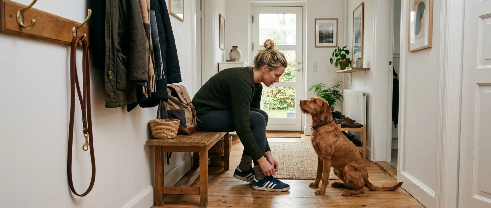 Hund tittar uppmärksamt när ägaren tar på sig skorna i hallen - Djurslottet