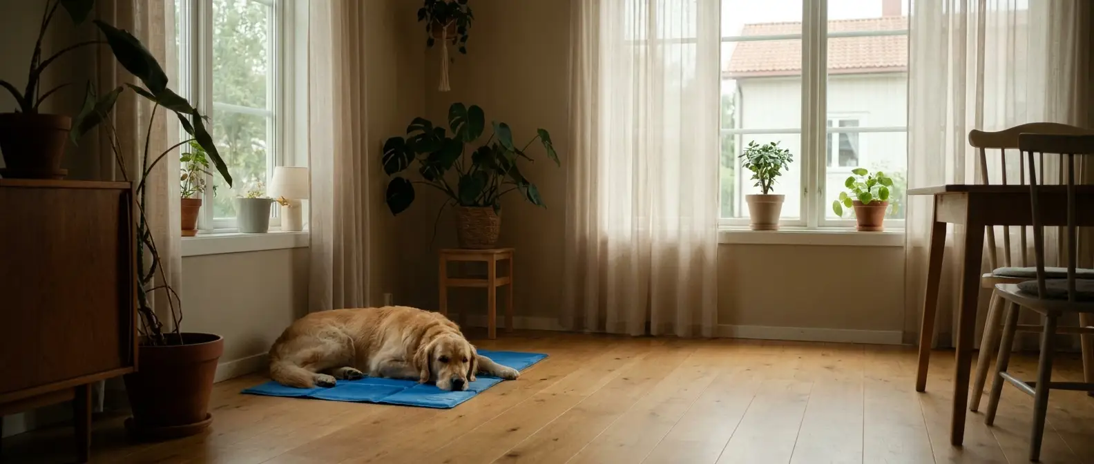Hund vilar lugnt på en kylmatta inomhus i skuggan - Djurslottet
