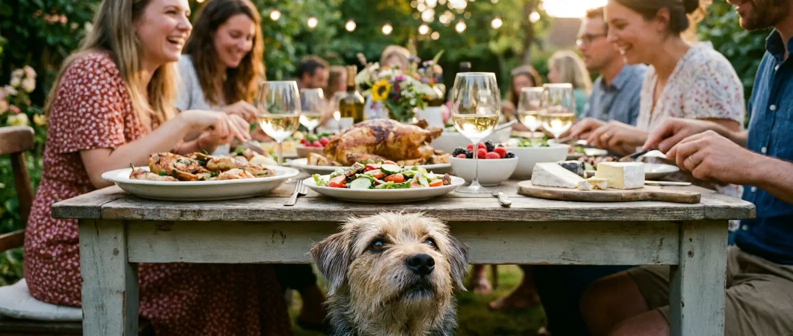 Hund tittar upp mot ett festbord fullt av mat och glas i trädgården - Djurslottet