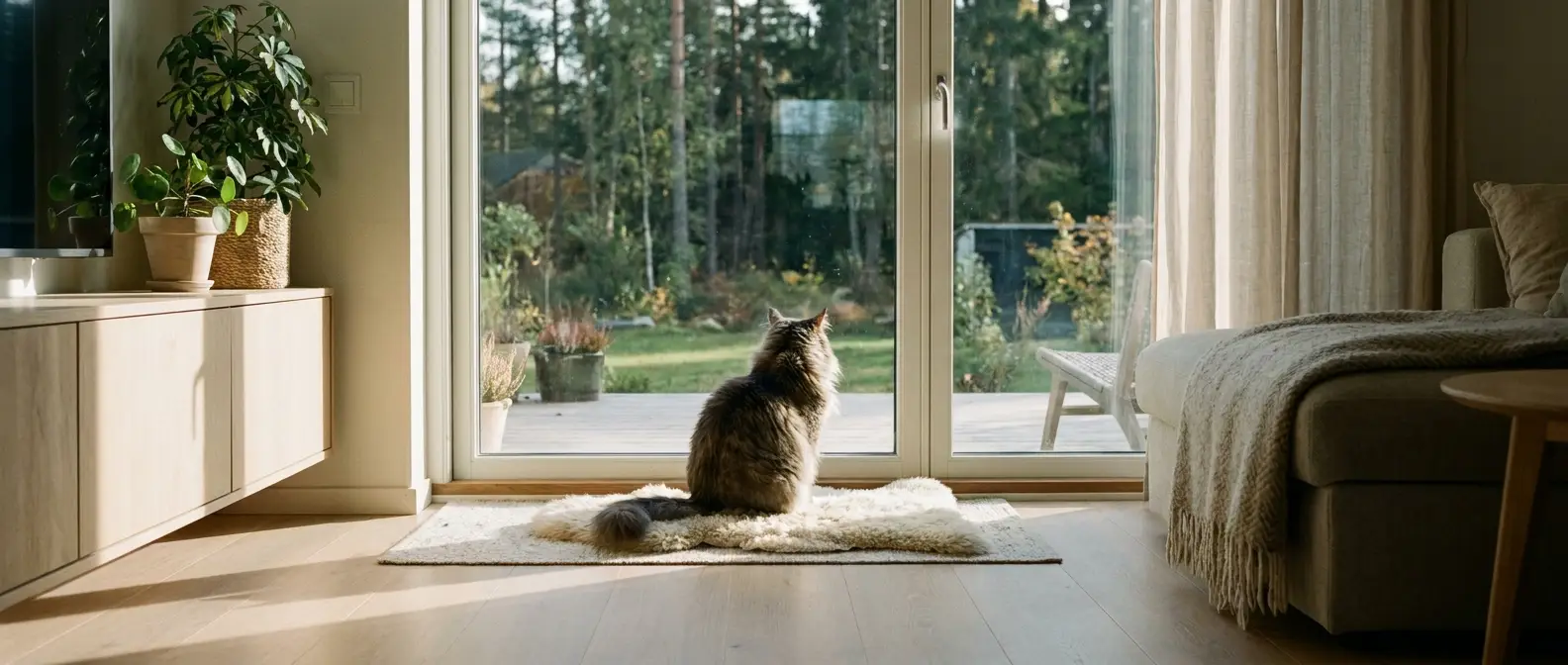 Katt sitter tålmodigt framför en stängd altandörr och tittar ut - Djurslottet