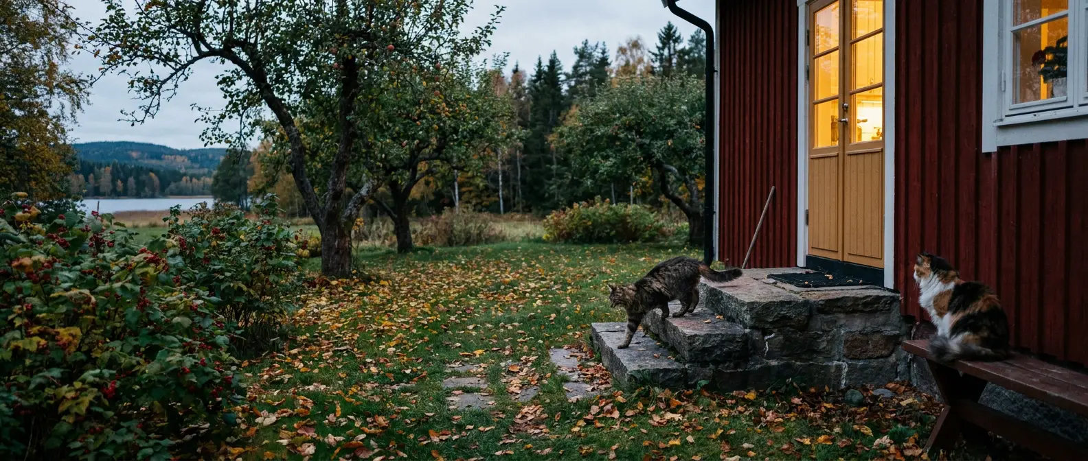 Två katter utanför ett hus i skymningen på väg mot bakdörren - Djurslottet