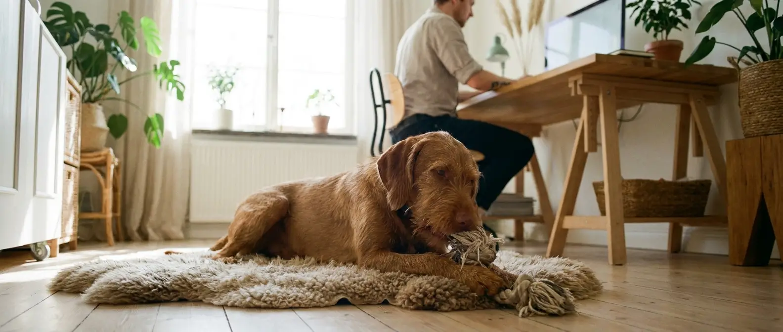 Hund ligger lugnt och tuggar på en leksak medan ägaren arbetar vid skrivbordet - Djurslottet