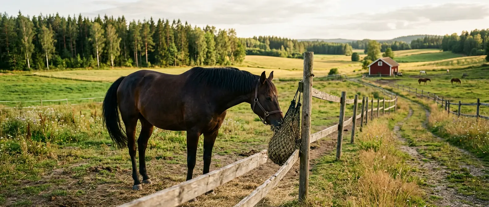 Häst äter långsamt ur en höpåse på hagstängslet en sen sommareftermiddag - Djurslottet
