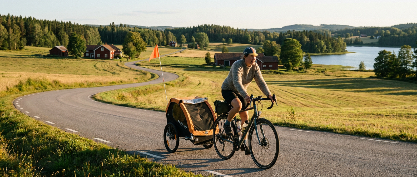Cyklist på landsväg drar en täckt cykelvagn för hund med säkerhetsflagga - Djurslottet