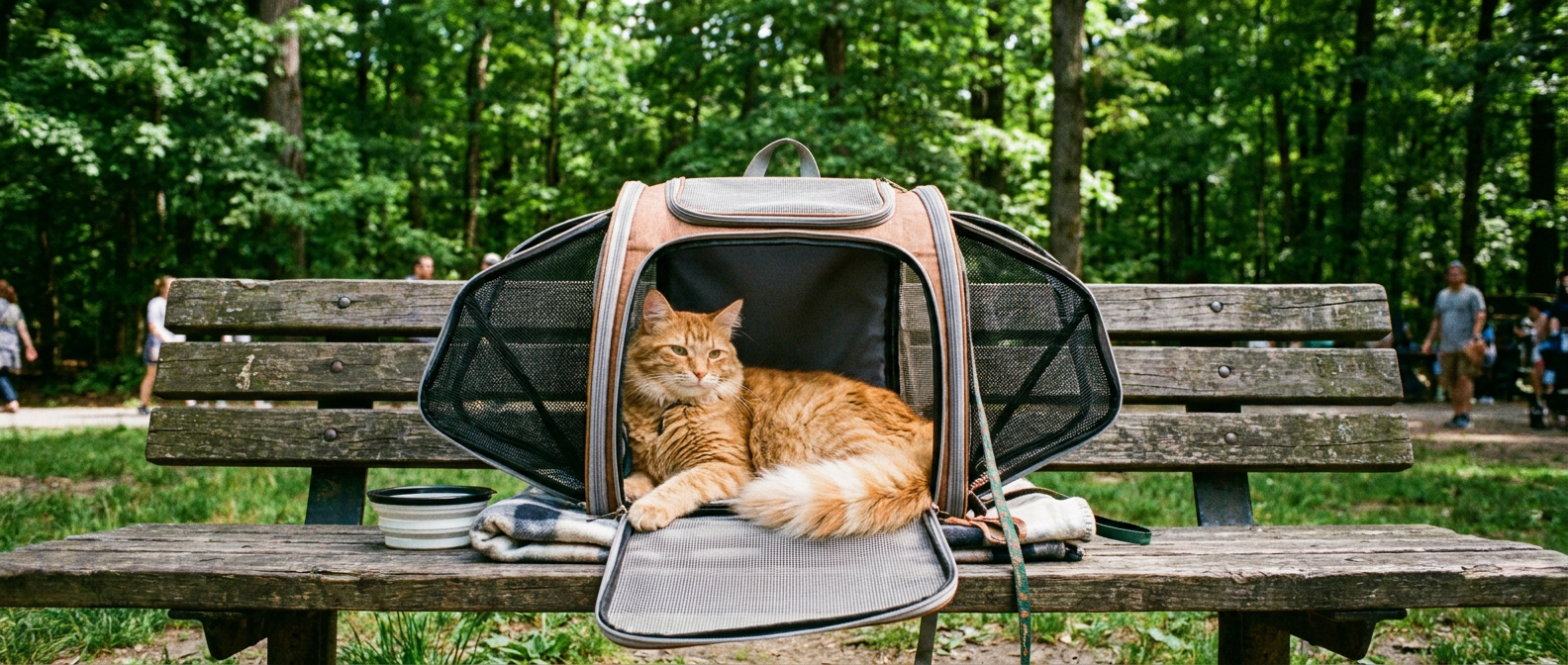 Katt vilar avslappnat i utfälld ryggsäck för husdjur på en parkbänk under en paus - Djurslottet