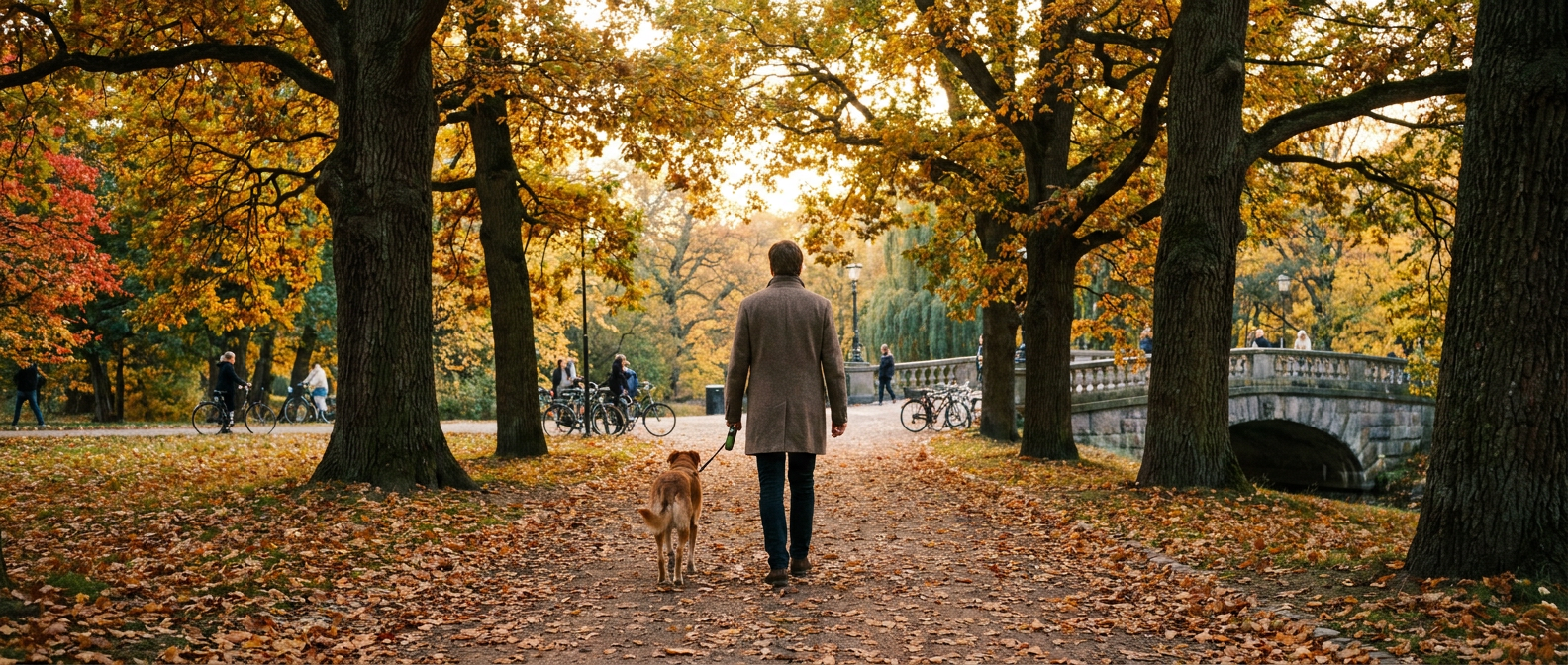 Person går med hund i kort koppel på stig under stora ekar med höstlöv - Djurslottet