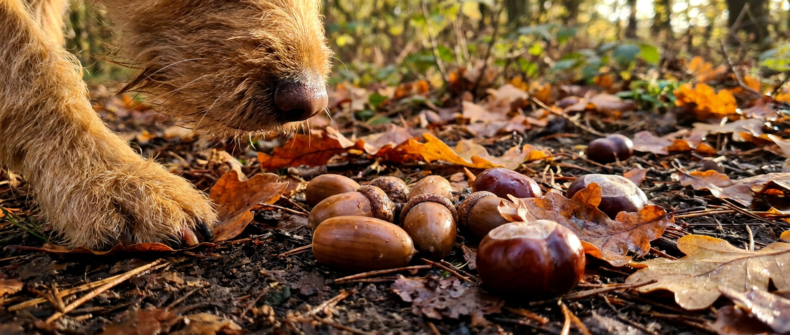 Ekollon, eklöv och hästkastanjer på fuktig mark med en hunds nos i bild - Djurslottet