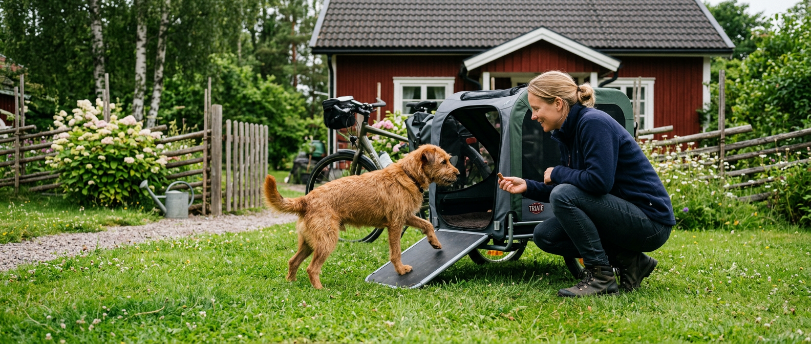 Mellanstor hund kliver försiktigt in i en stillastående djurvagn på gräsmattan medan ägaren håller fram en godbit - Djurslottet