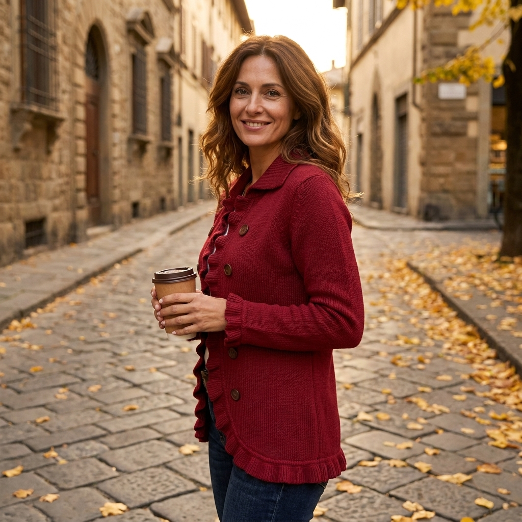 Michela, giacca a maglia costina rosso rubino