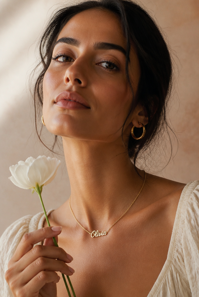 Model wearing The Avenue Stitch jewelry