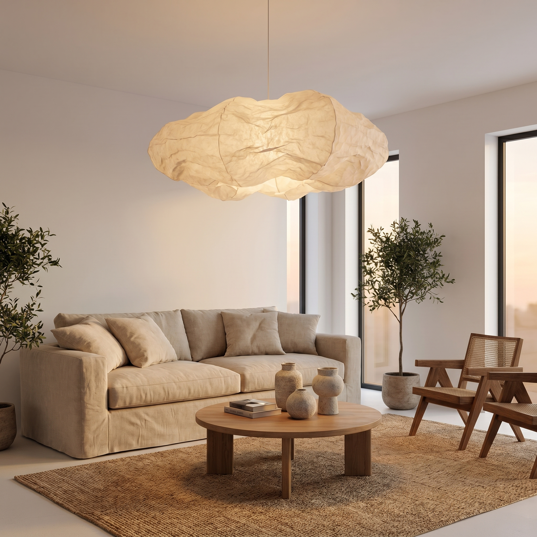 Cloud pendant chandelier in a modern Japandi living room with warm layered ambient lighting