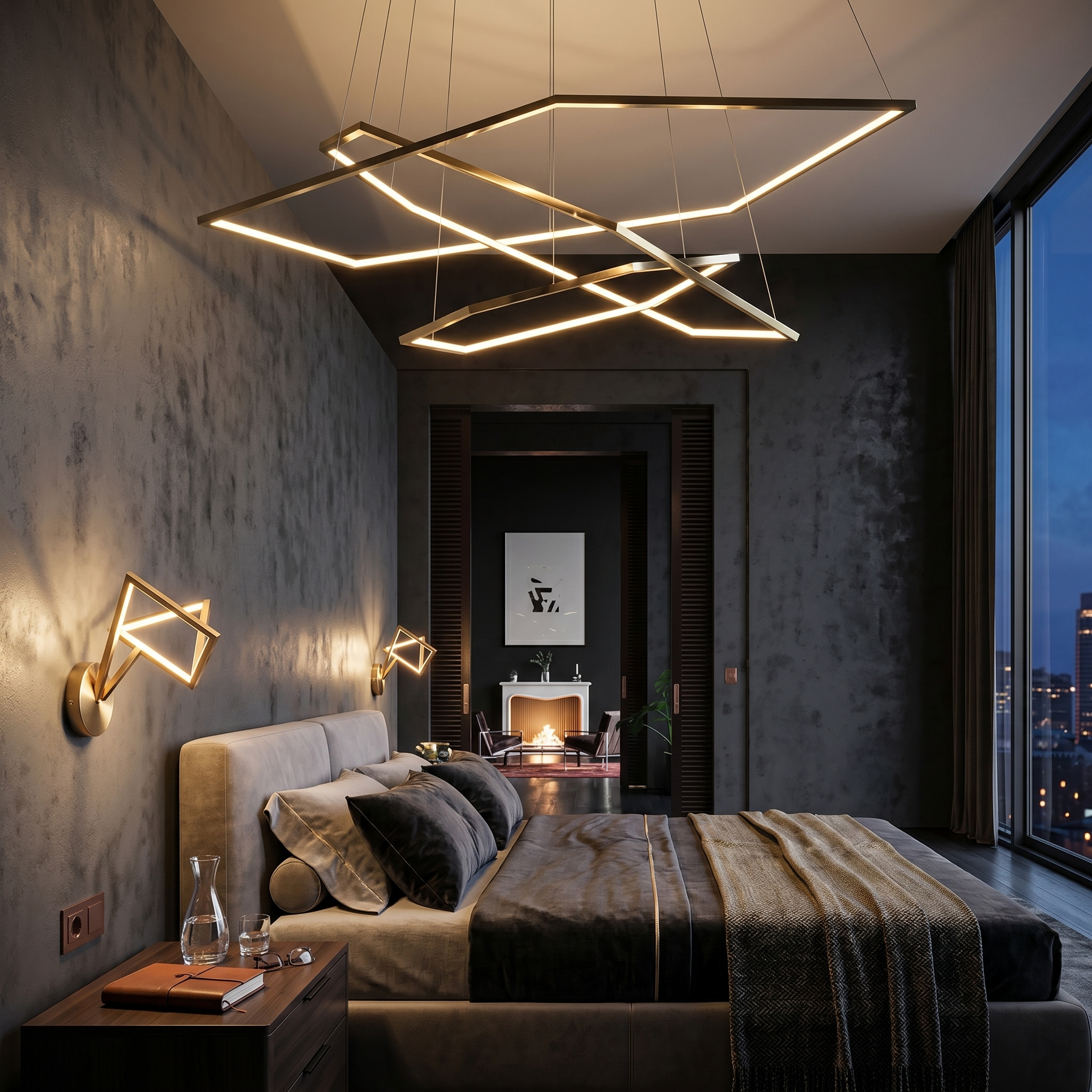 Modern bedroom with layered lighting: pendant chandelier and wall sconces creating warm intimate atmosphere