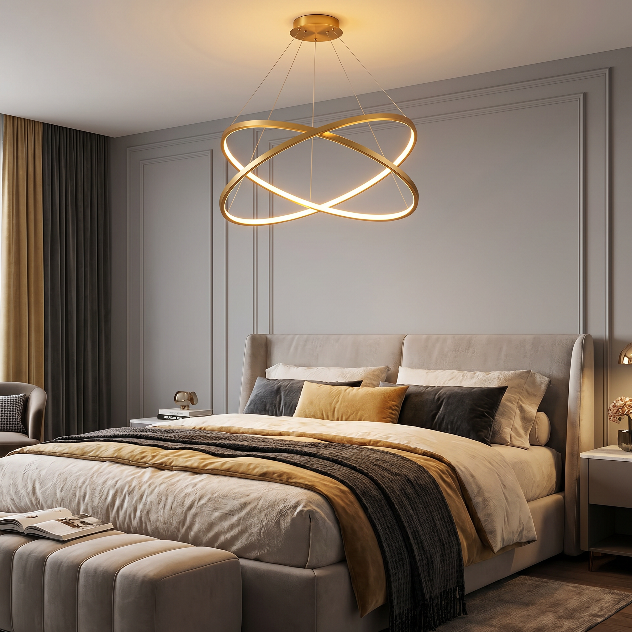 Golden orbit LED chandelier in a luxury bedroom with soft grey walls and warm amber glow