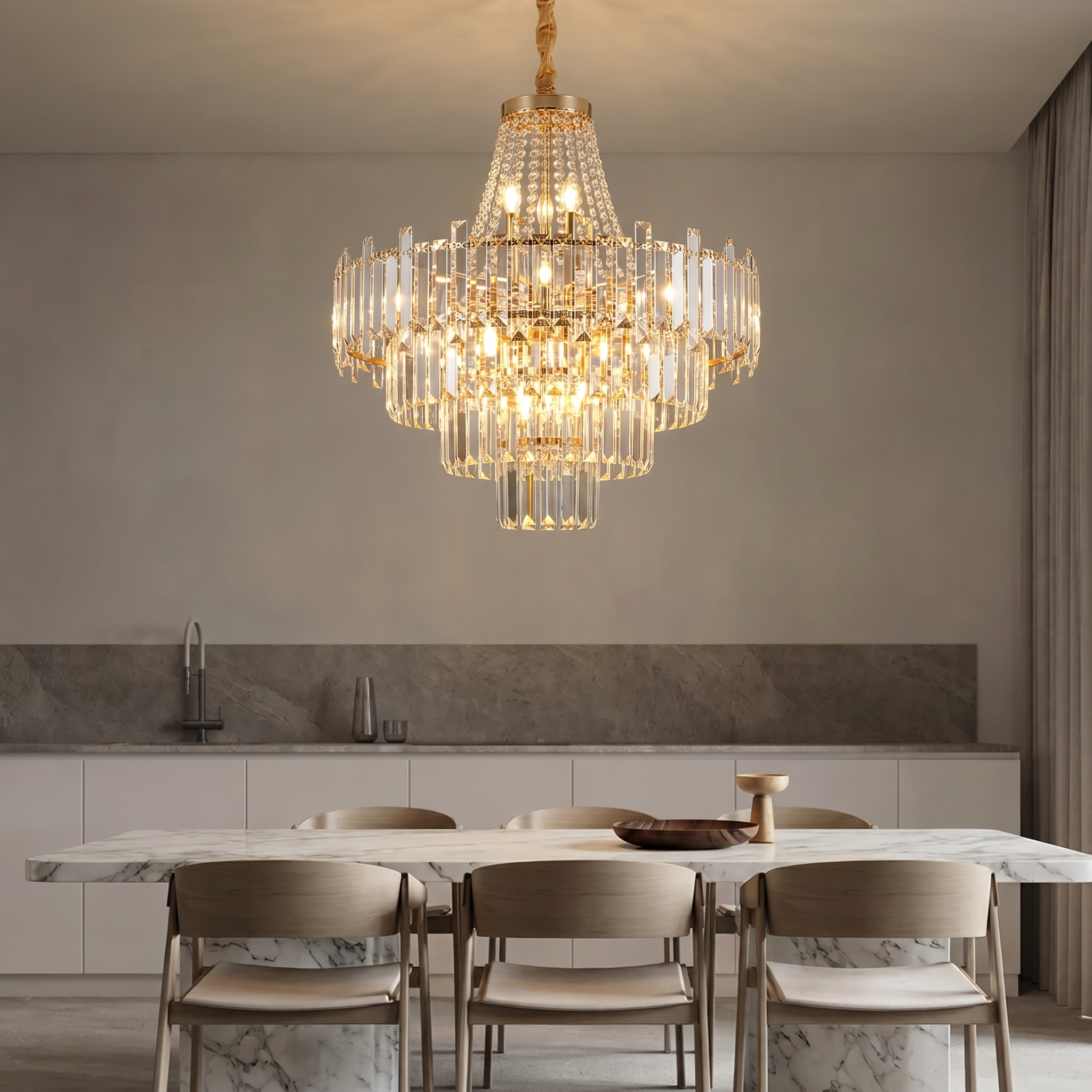 Modern chandelier lighting in a contemporary living room with high ceilings