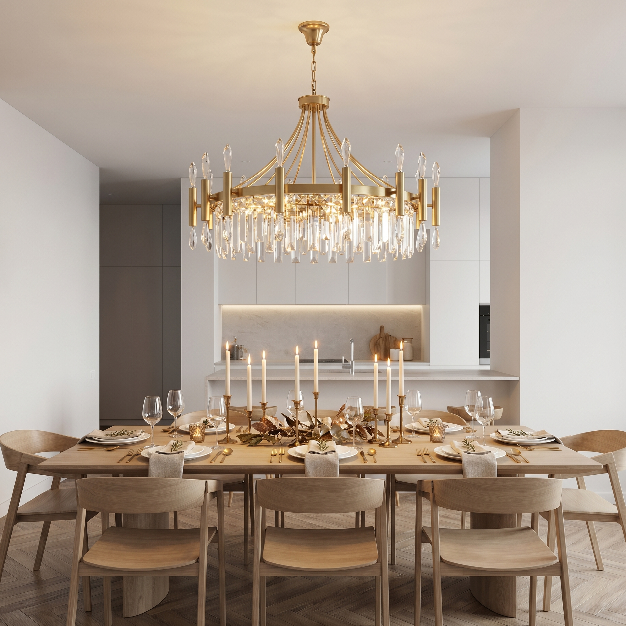 Elegant chandelier pendant light above a dining table in a contemporary home