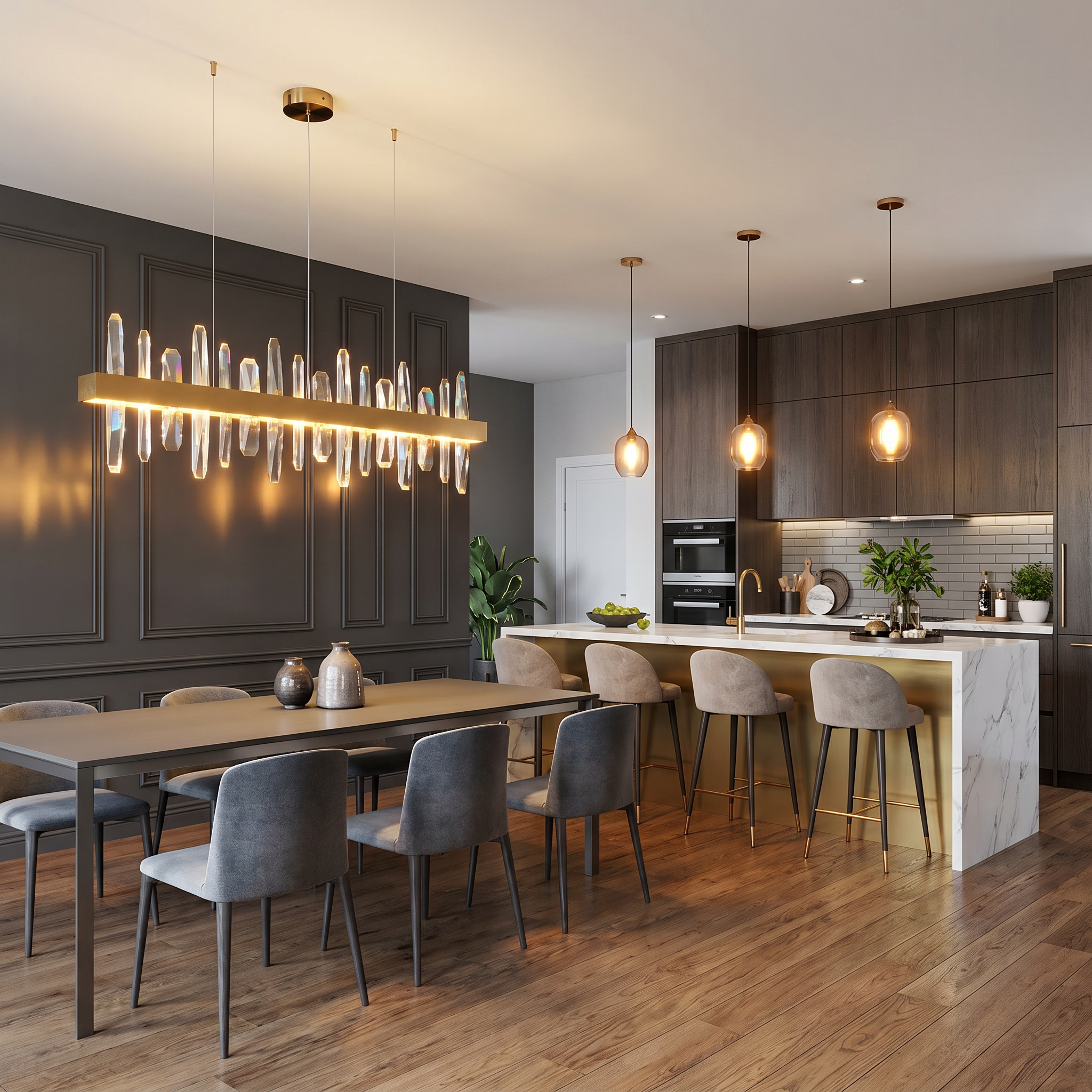 Gold crystal chandelier in a kitchen and dining area with island seating