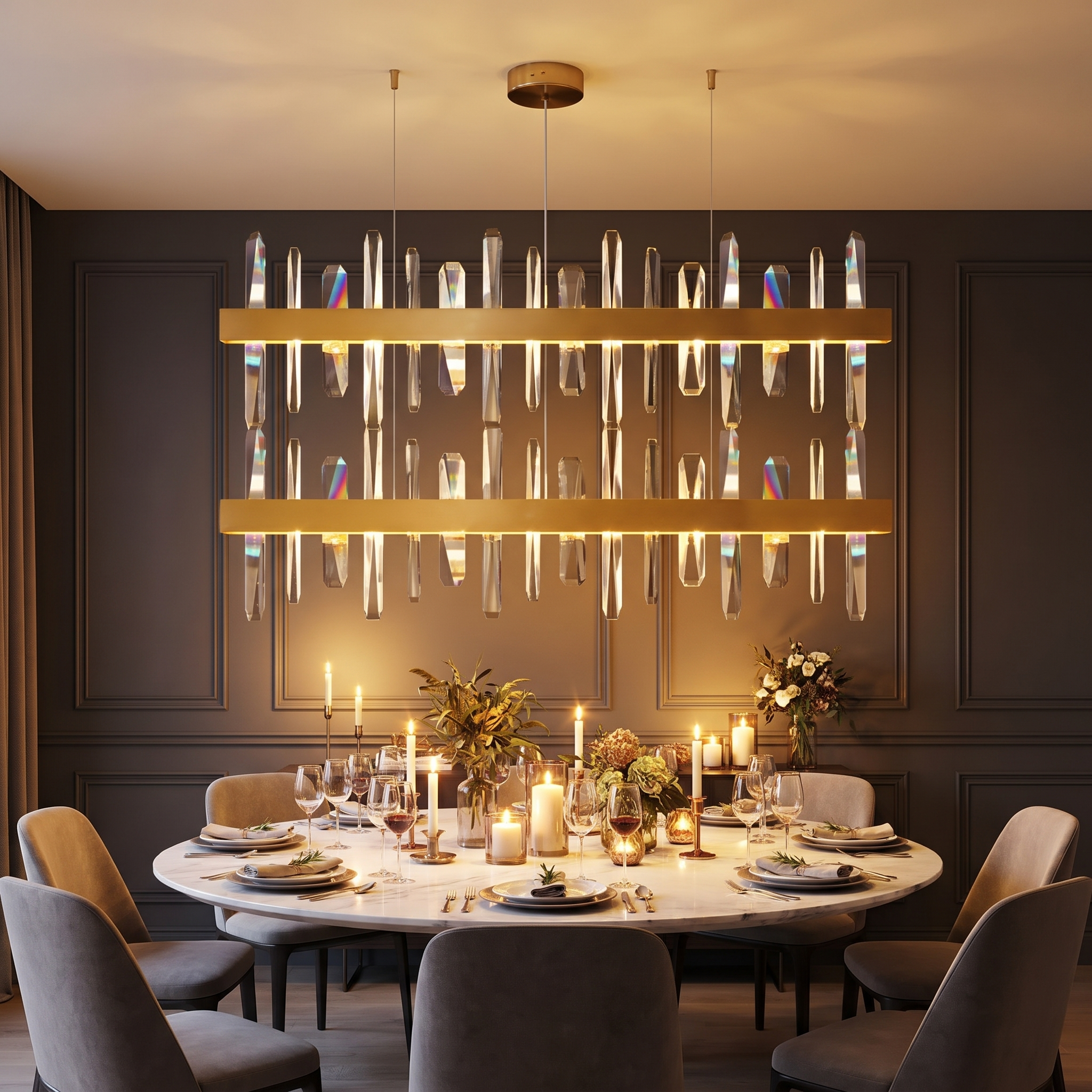 Crystal chandelier over a round dining table in a contemporary dining room