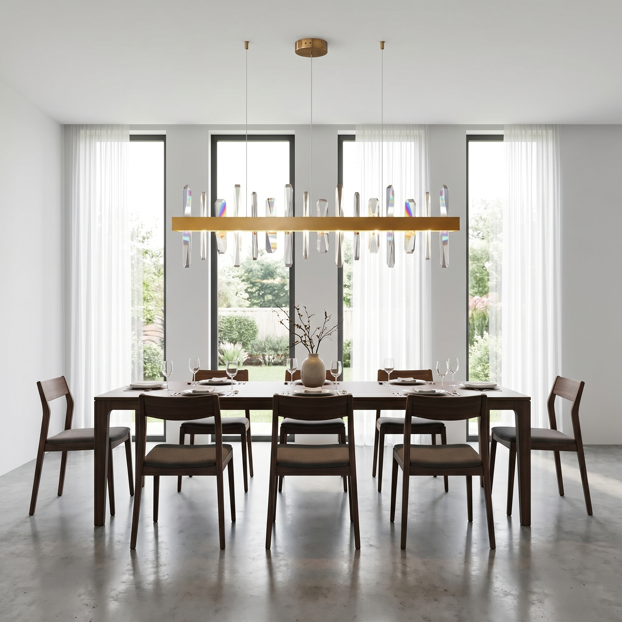 Modern chandelier above a rectangular dining table with dark wood chairs