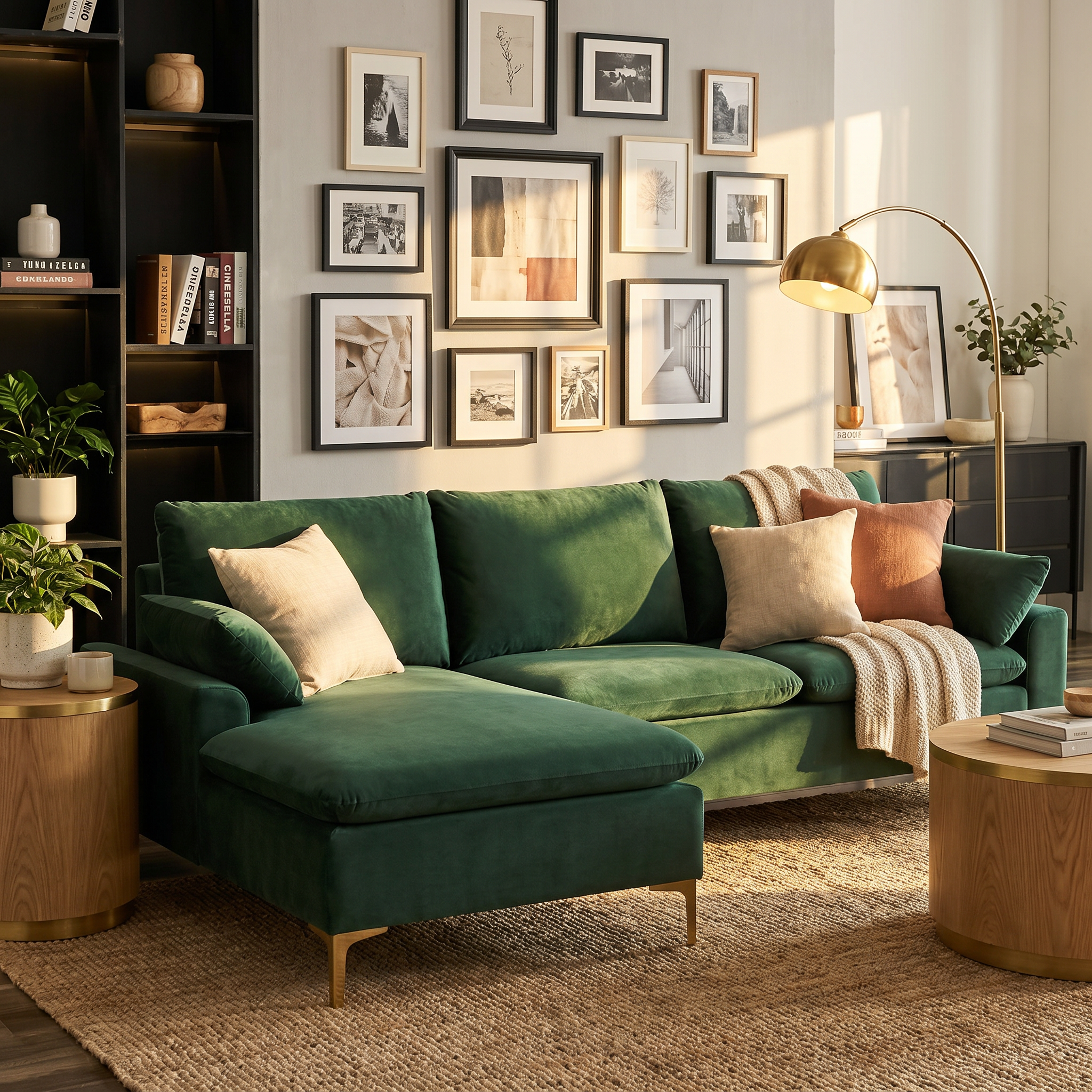 Luxury green velvet sectional sofa in an open concept living and dining space
