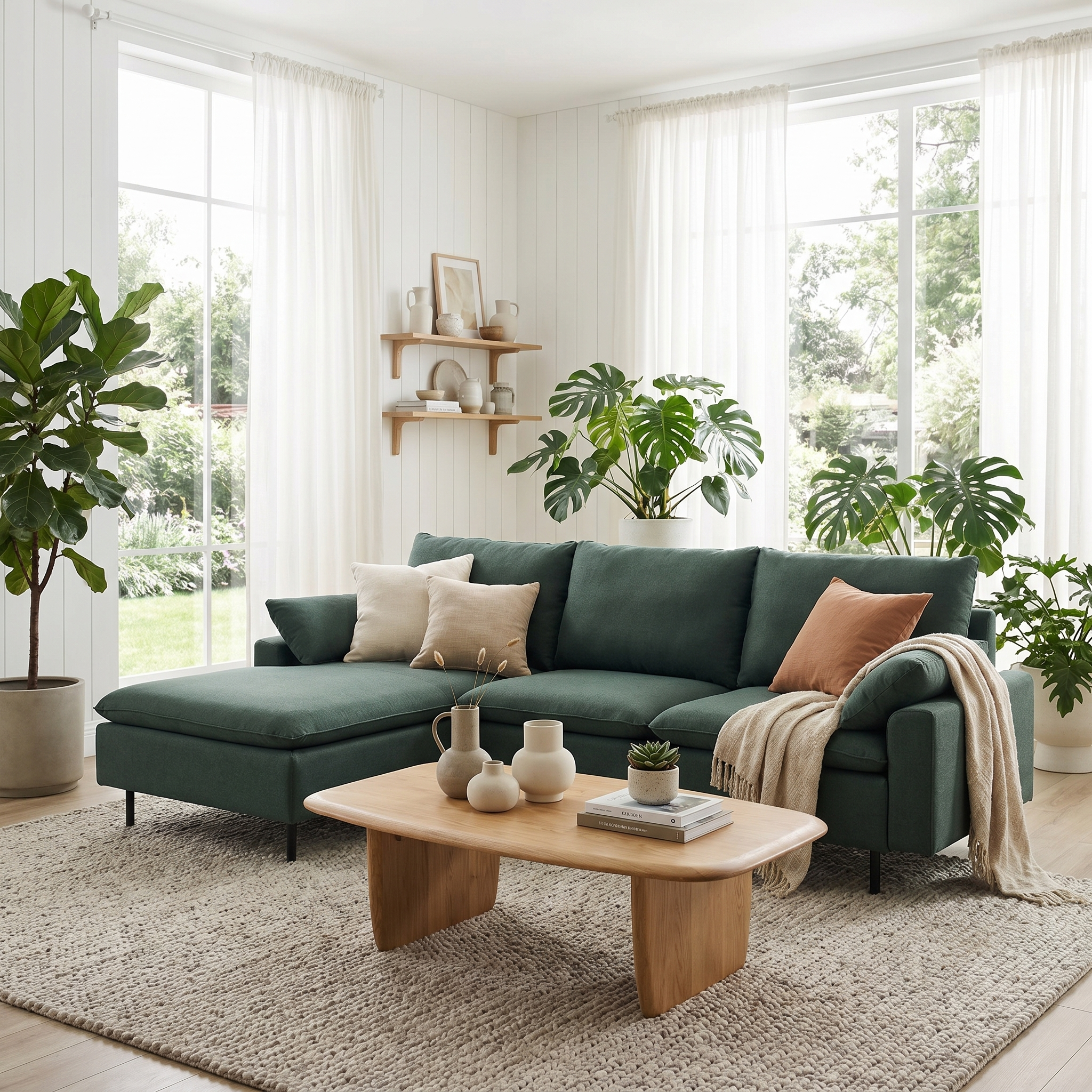 Green velvet sofa with brass accents and gallery wall in a contemporary living room