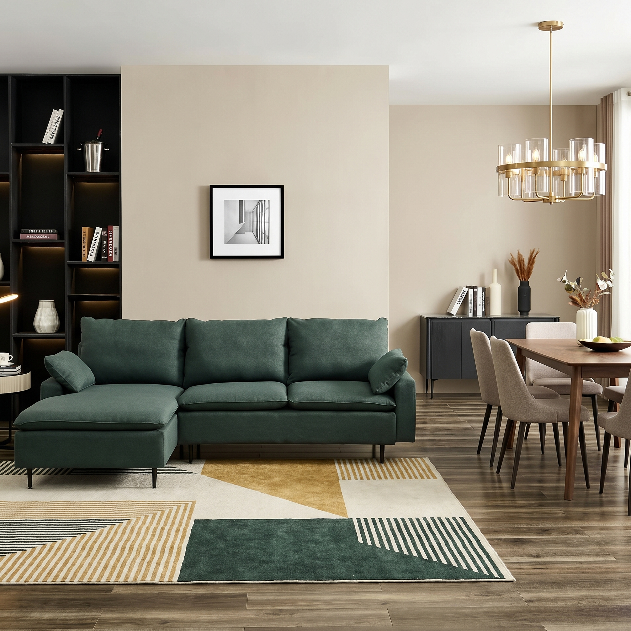 Forest green L-shaped sectional sofa in a bright modern Scandinavian living room