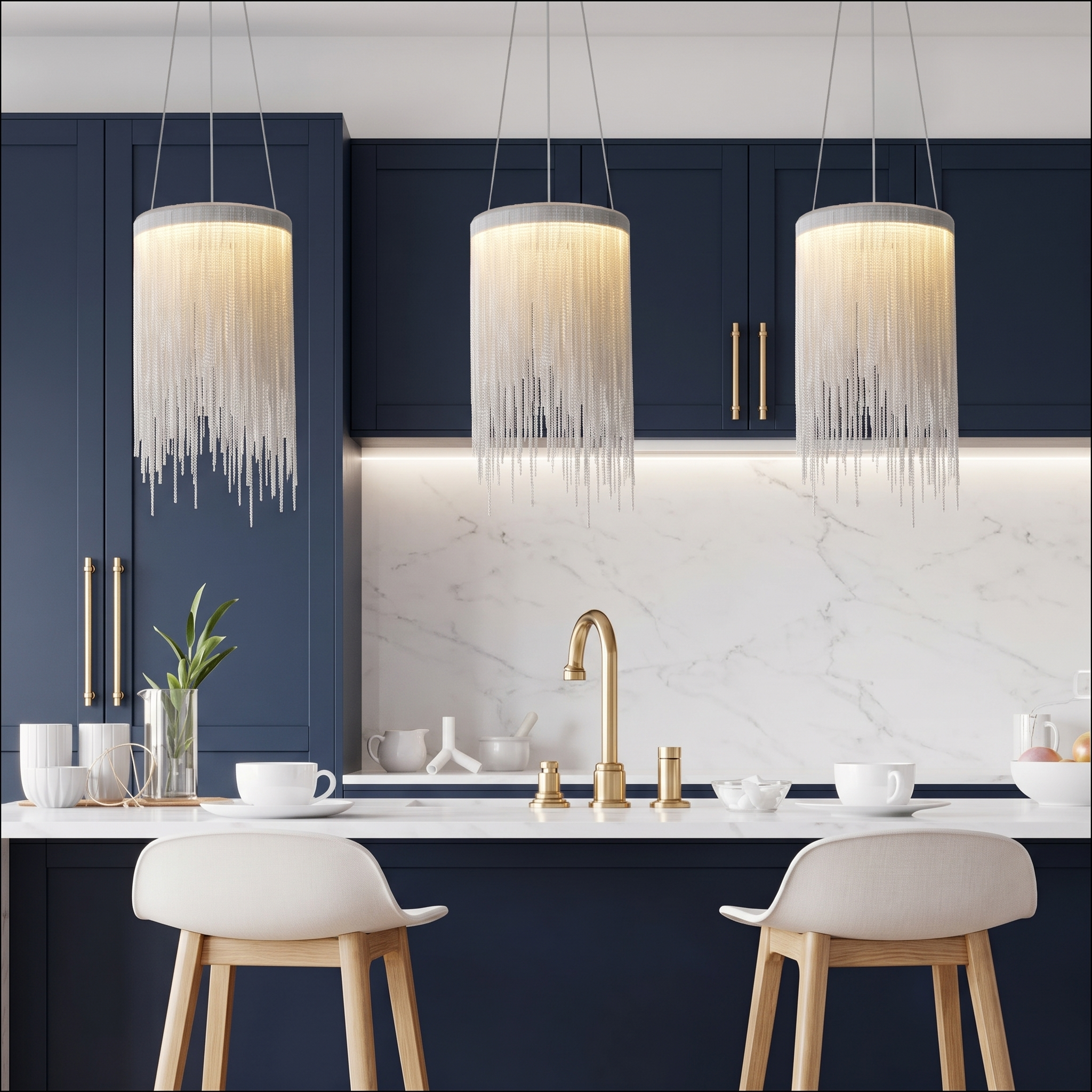 Three pendant lights above a white kitchen island with bar stools and marble countertop