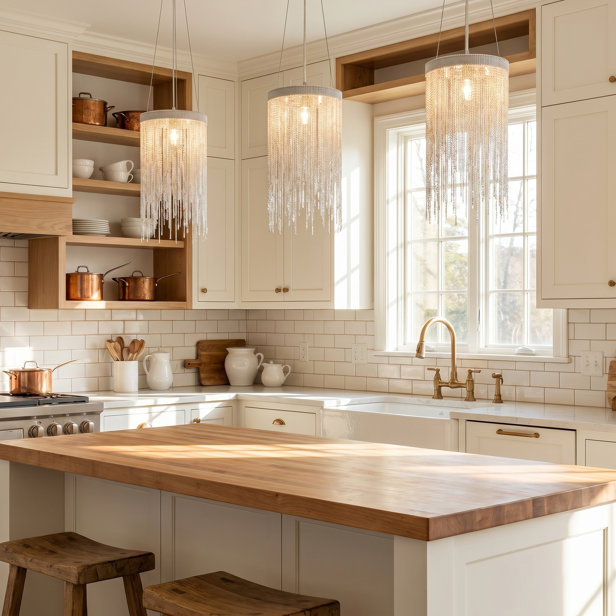 Modern pendant chandelier above a kitchen island with navy blue cabinetry and brass hardware