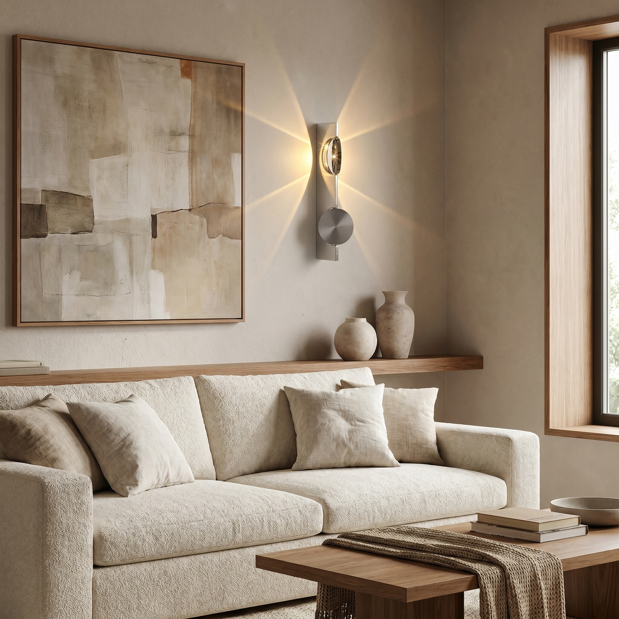 Modern LED wall sconce in a contemporary living room above a sofa with warm ambient light