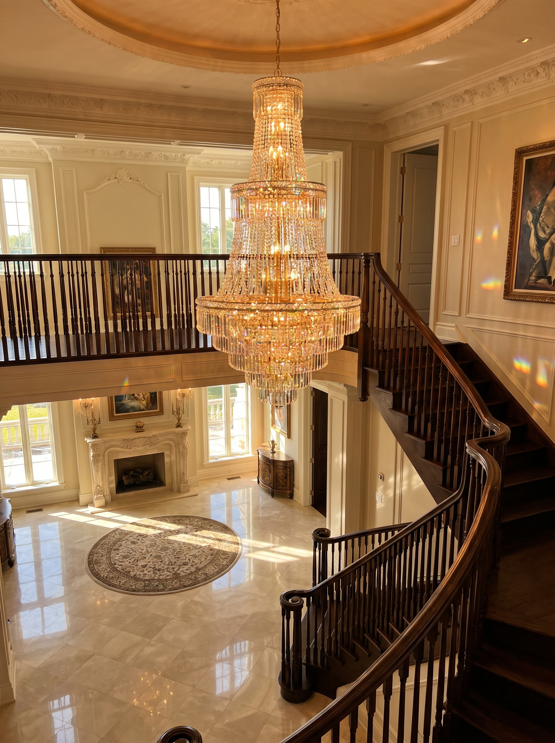 Two-story foyer view from second floor landing with tiered crystal chandelier