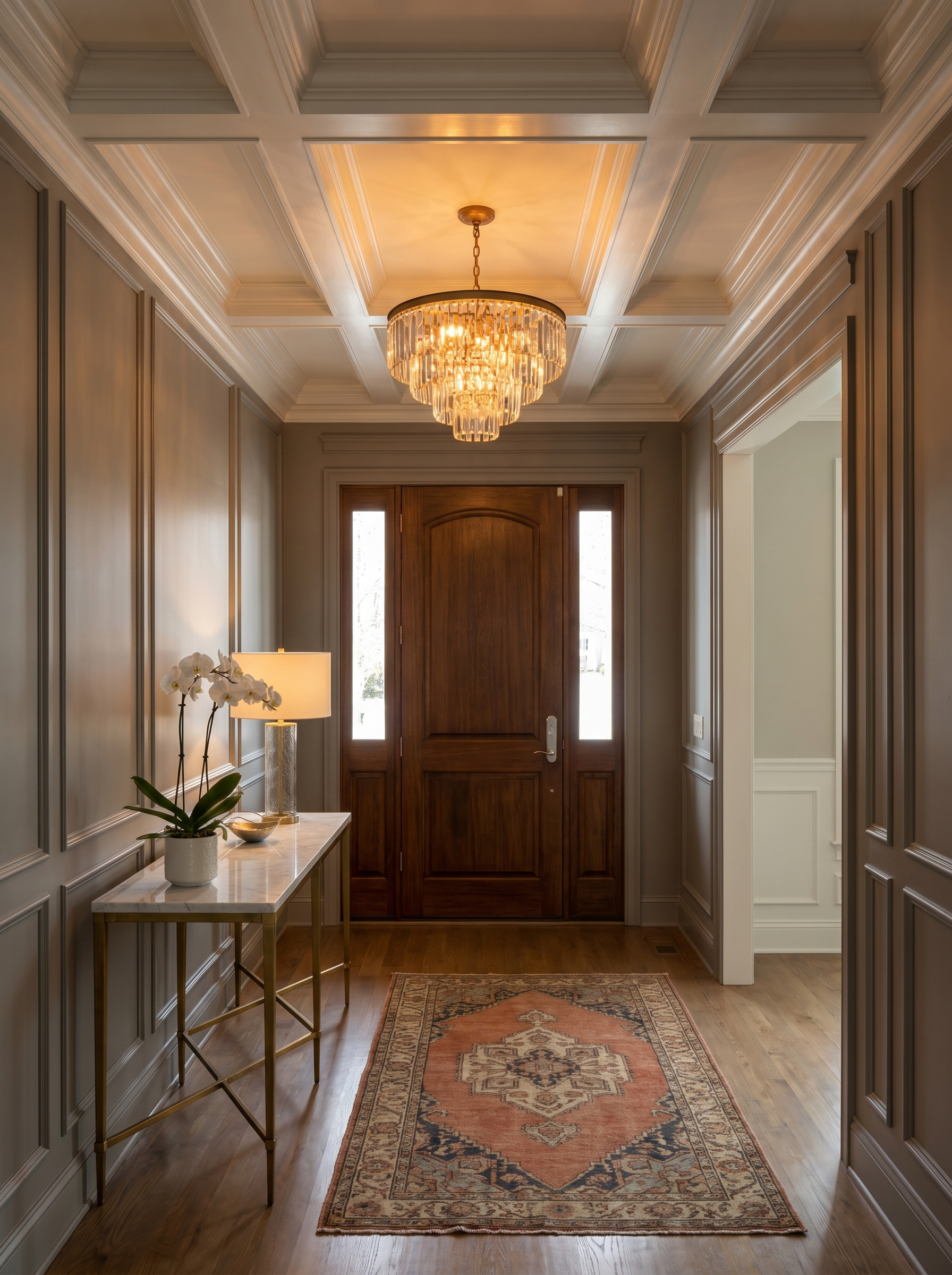 Elegant foyer entryway with crystal chandelier at standard ceiling height