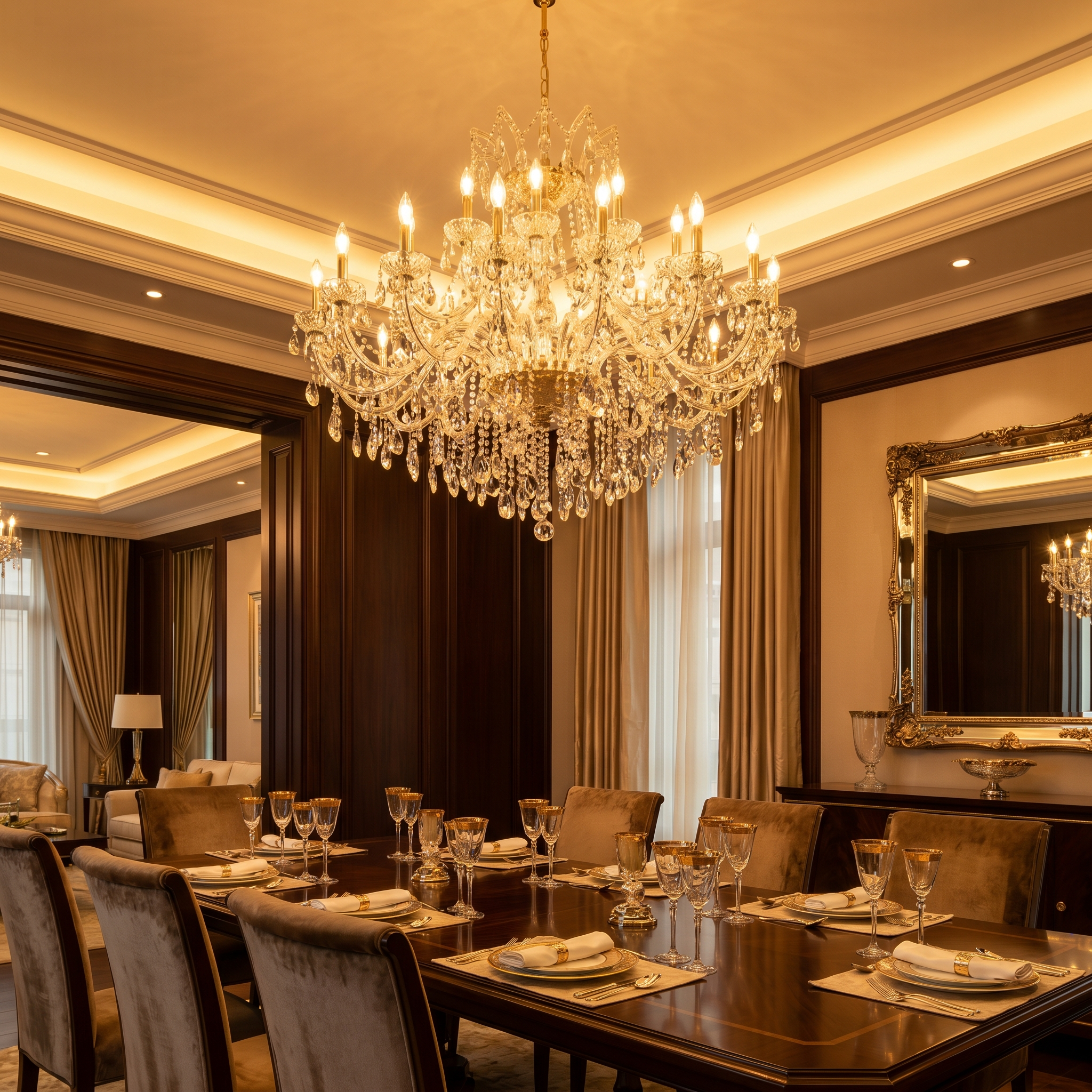 Aurelius Golden Orbit LED Crystal Chandelier over dining table