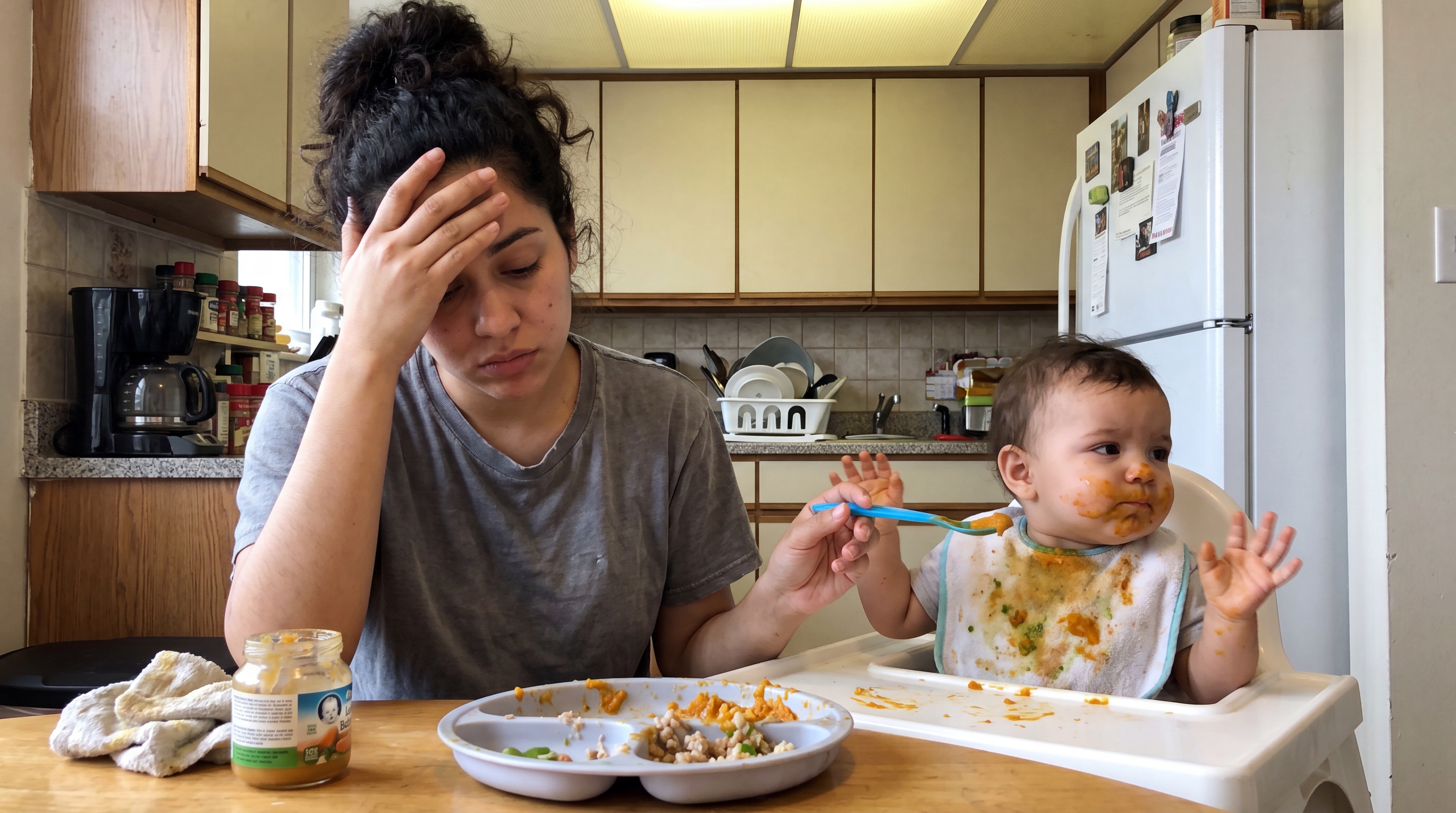 Mamá frustrada tratando de alimentar a su bebé