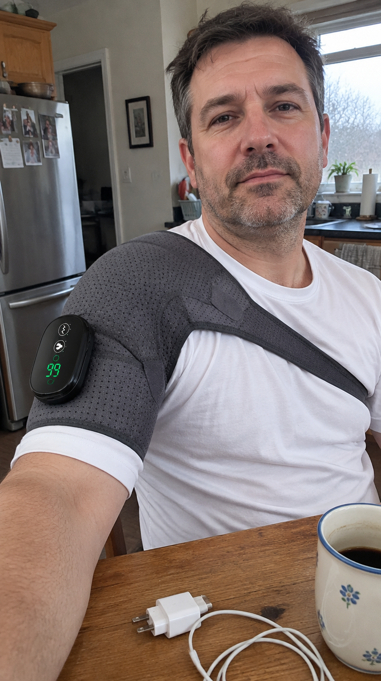 Phone selfie of the brace worn at the kitchen table