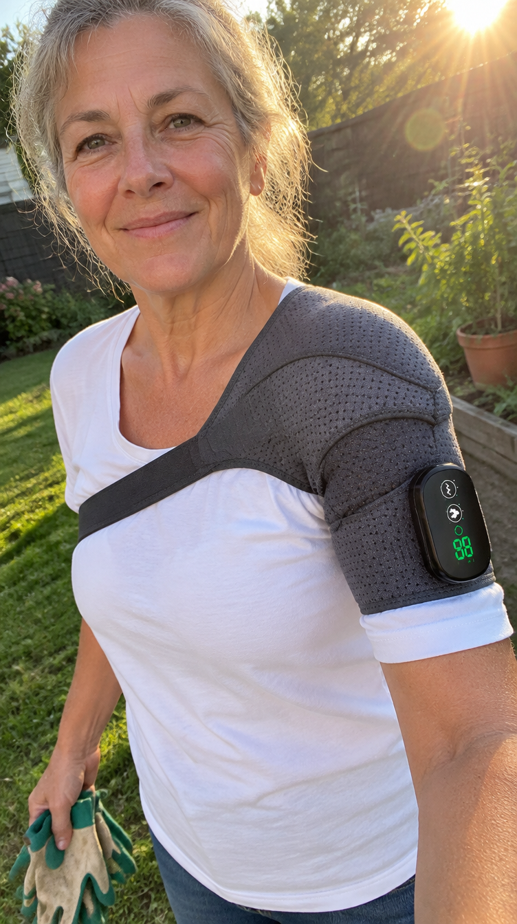 Phone selfie of the brace worn in the garden