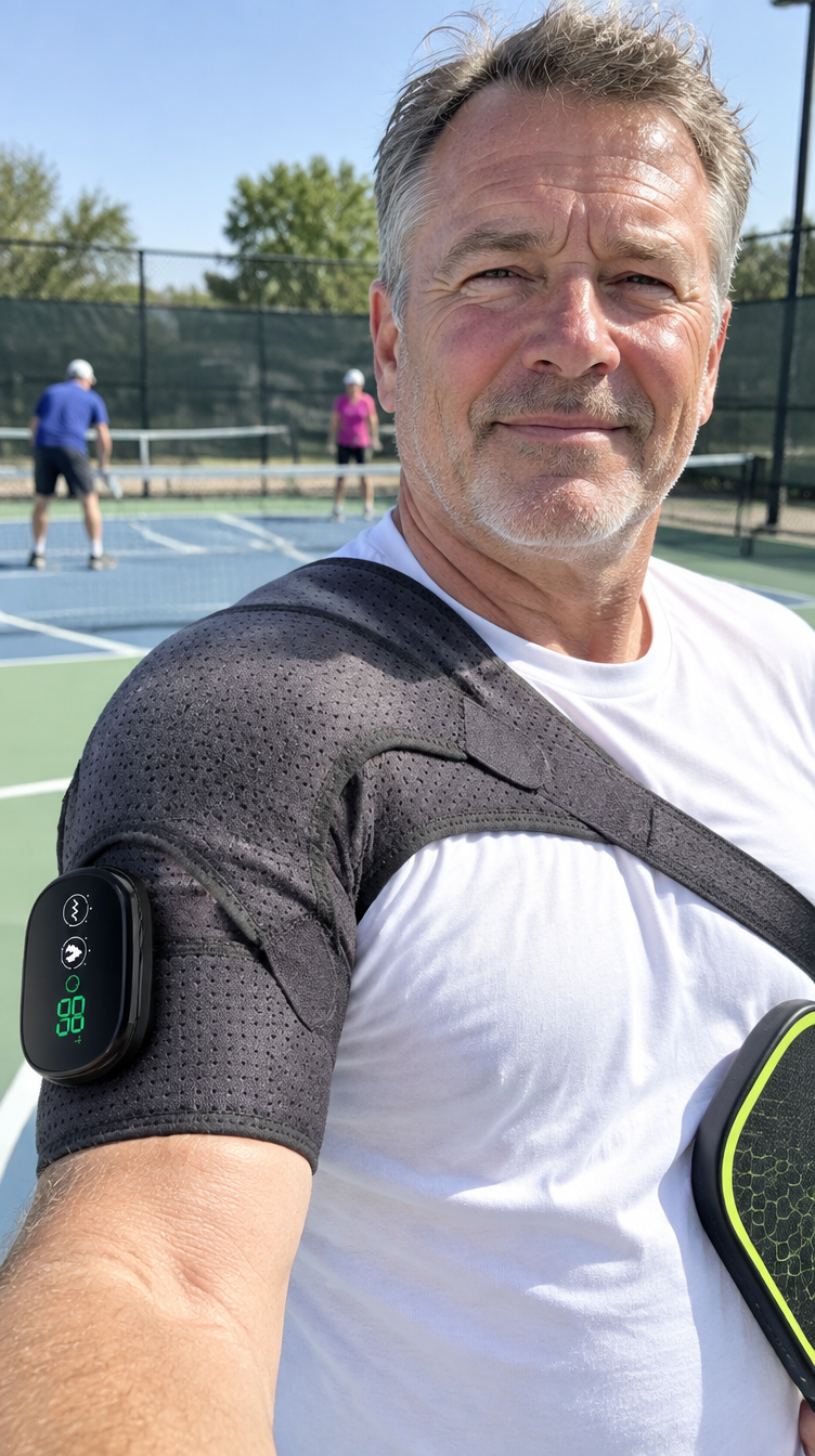 Phone selfie of the brace worn courtside at pickleball