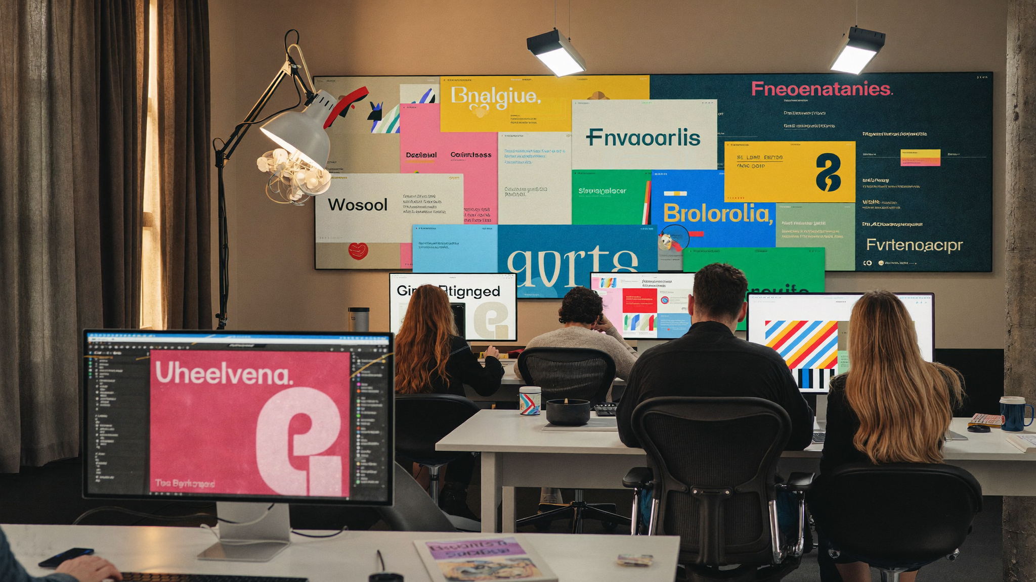 Modern digital agency workspace with website designs on screens