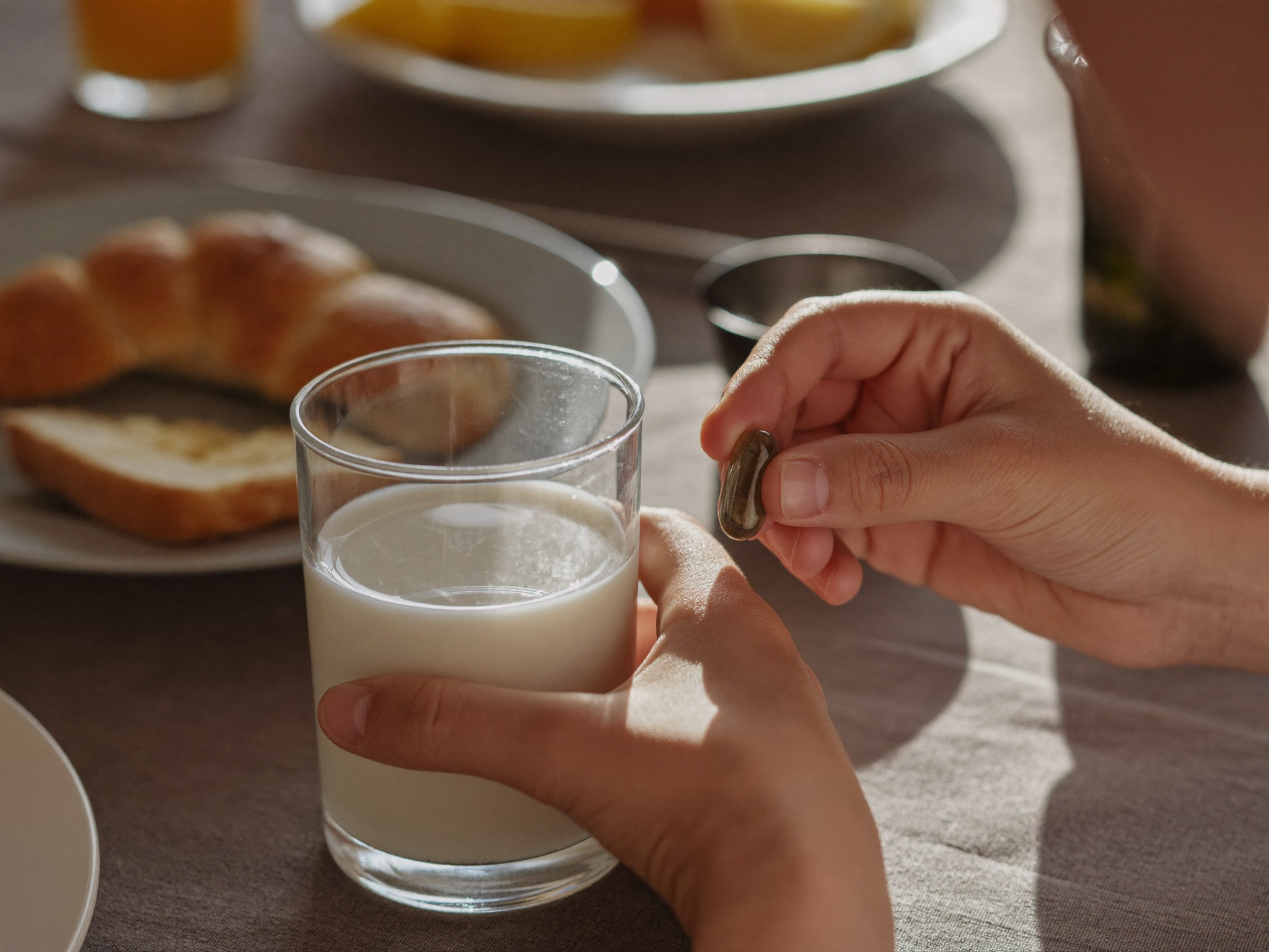 A teenager's hands at the breakfast table with a glass of milk and a daily vitamin capsule