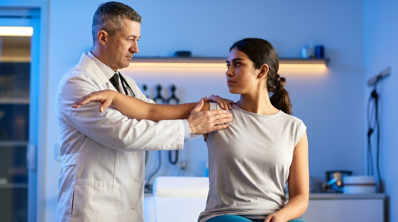 Thoracic Outlet Syndrom (TOS): Das Rätsel hinter dem eingeschlafenen Arm 7 Ärztin führt bei Patient einen Provokationstest zur Diagnose des Thoracic Outlet Syndroms durch