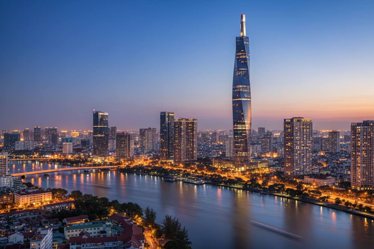 Вечерняя панорама Хошимина с башней Landmark 81