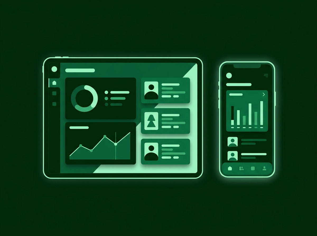 Illustration of a smartphone and tablet displaying a clean educational dashboard with green accents