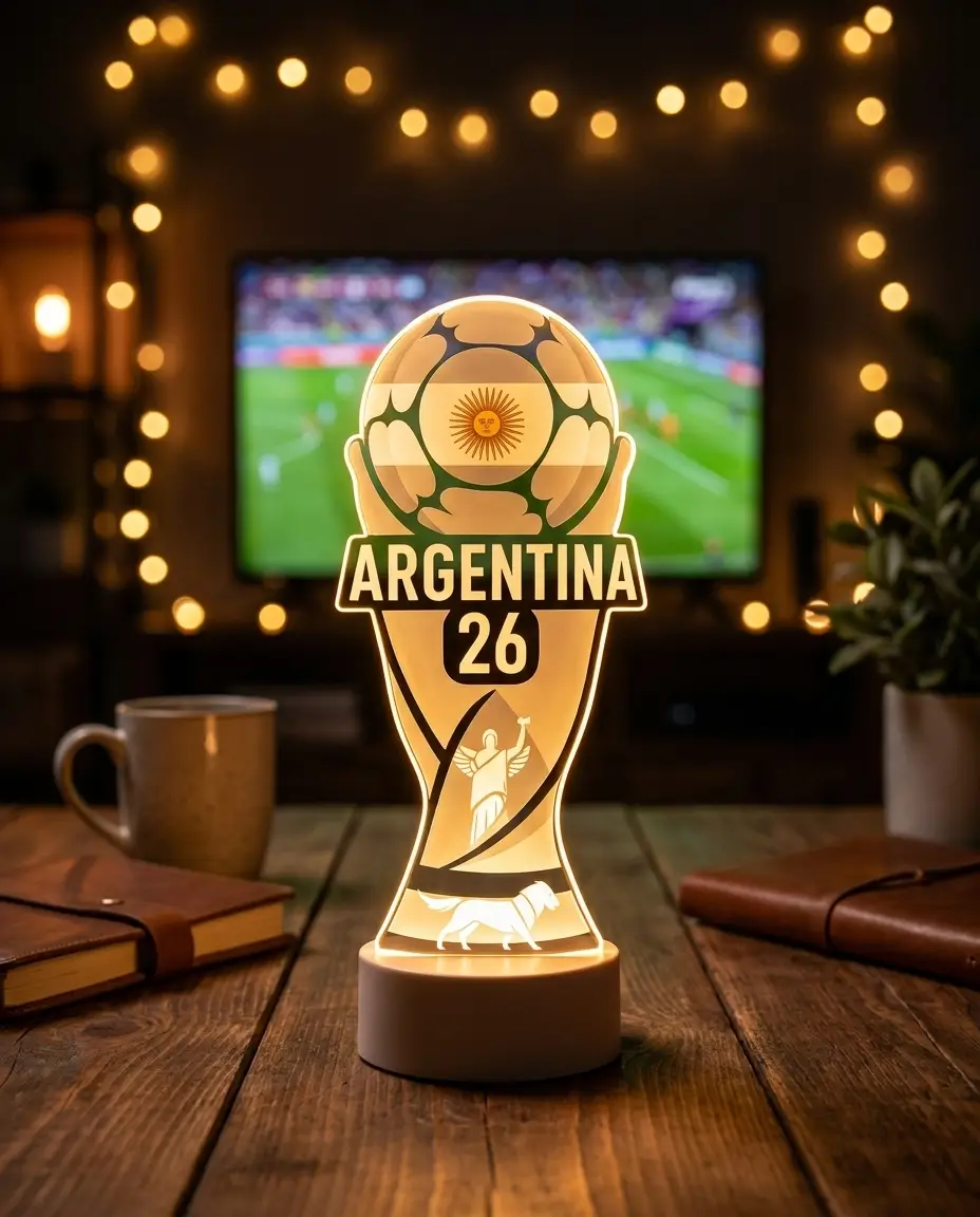 Trophy stand glowing on a desk