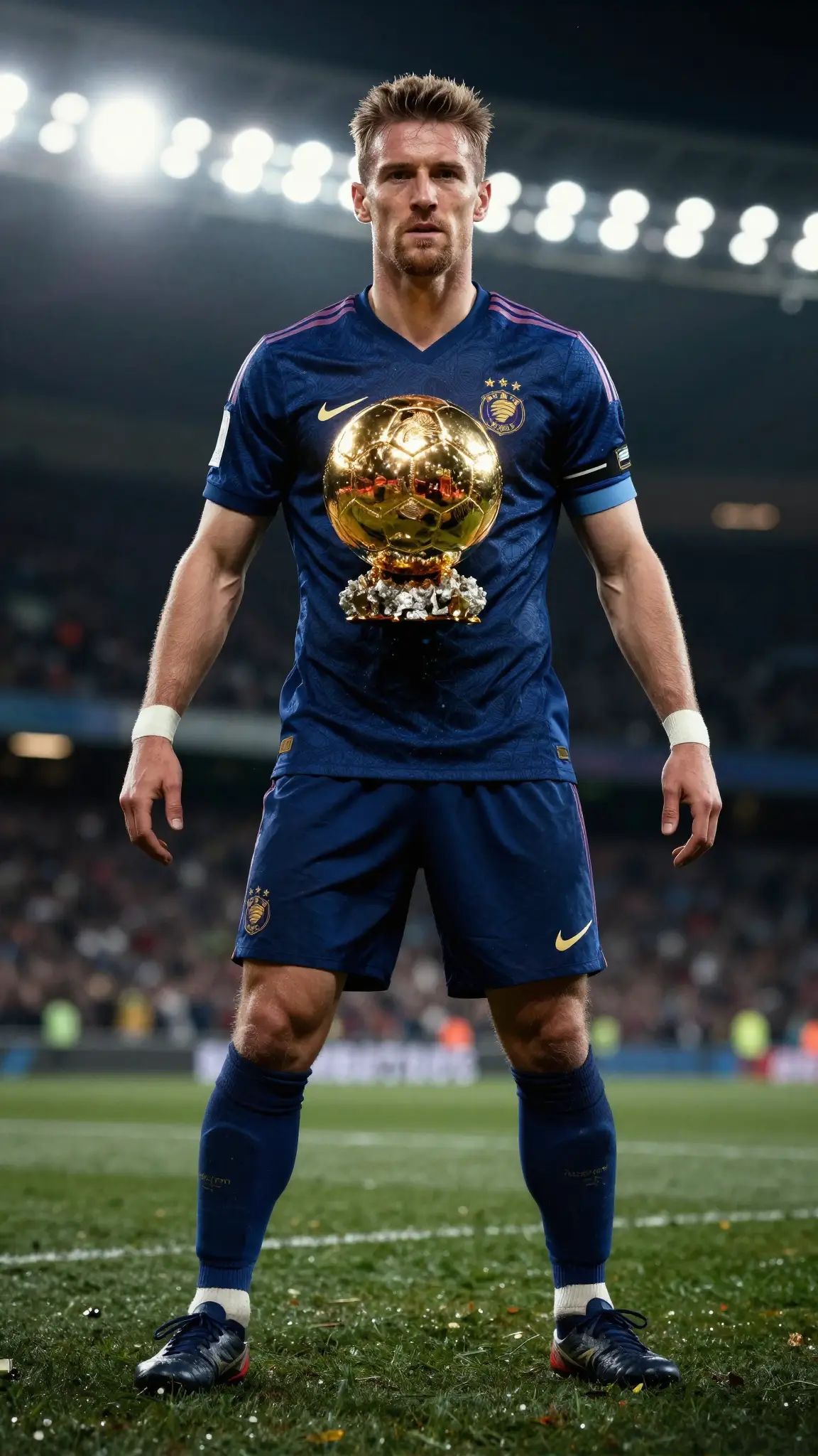 Player holding the trophy under stadium lights