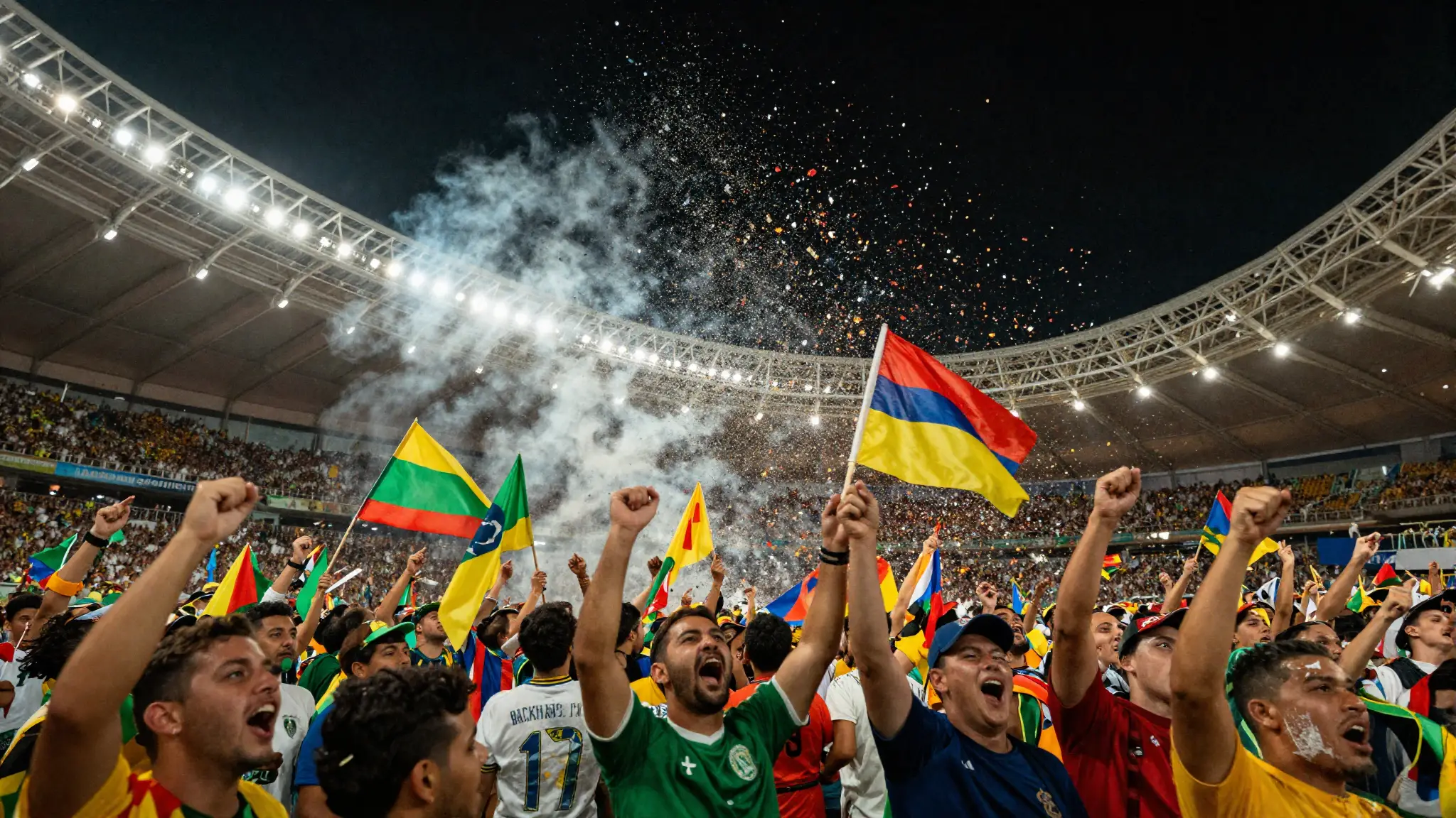 Fans with flags and confetti