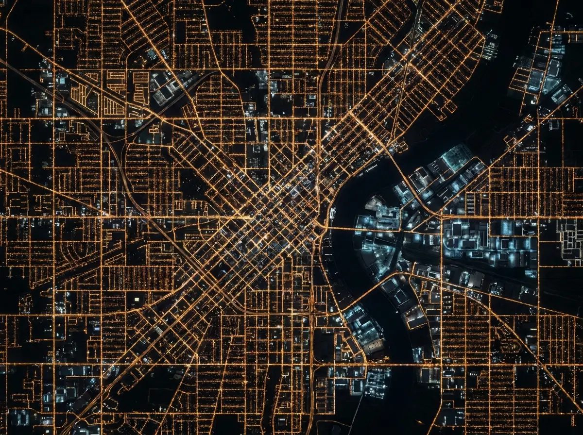 Night aerial of a city street grid glowing like a circuit board