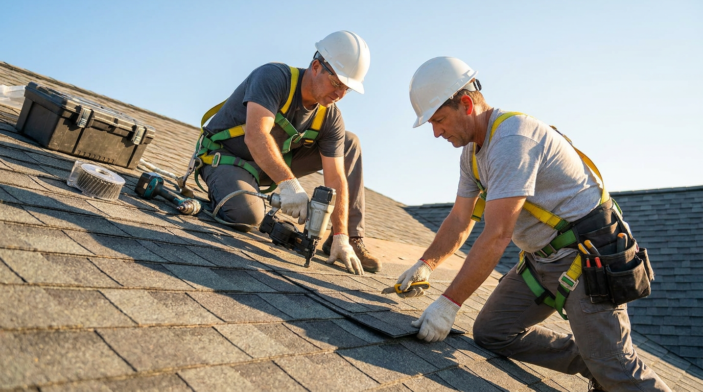 Professional roofers installing shingles on a residential roof on a sunny day