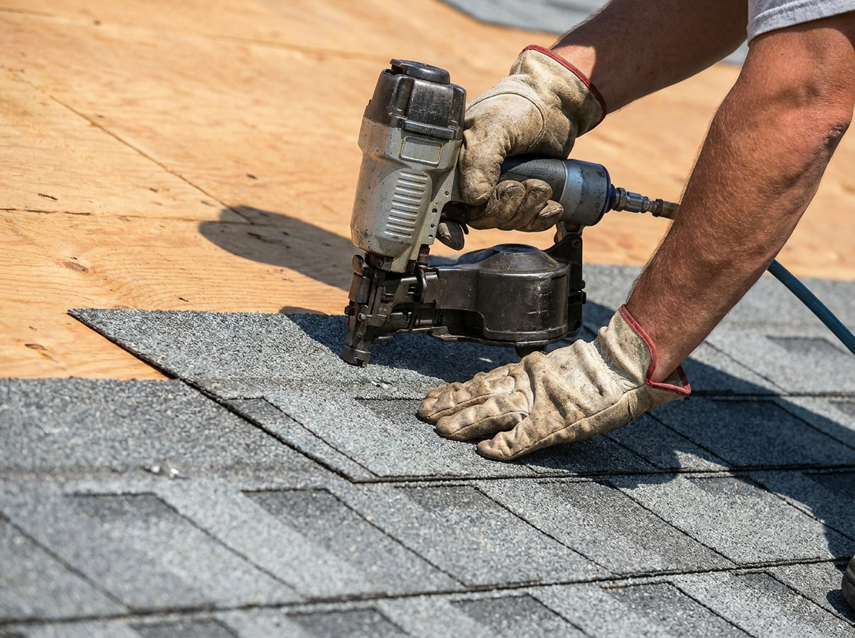 Close-up of a roofer nailing down architectural asphalt shingles