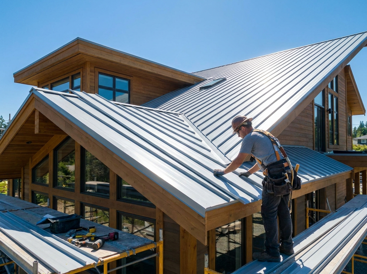 Roofer installing a standing-seam metal roof panel